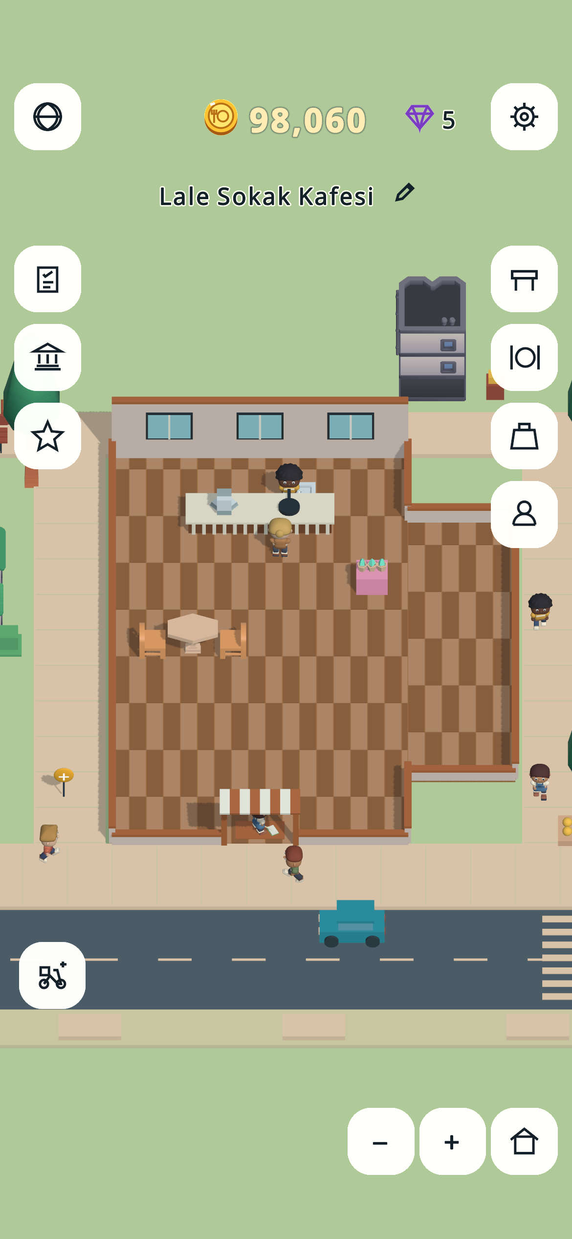 An actual mobile screenshot of the restaurant, showing furnishing, menus and staff controls