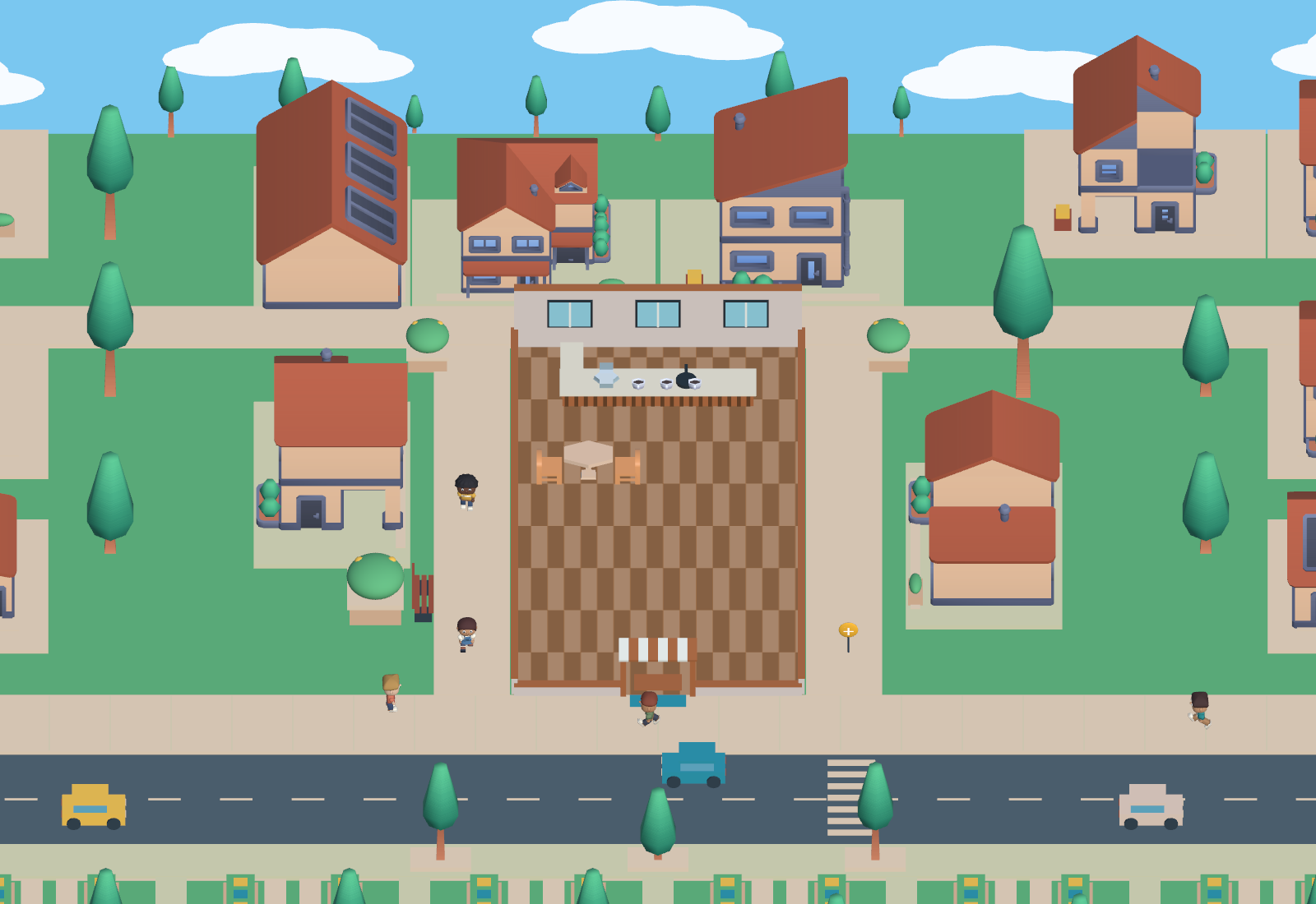 Our restaurant game, with tiny customers, neighbourhood buildings and a shop to make your own